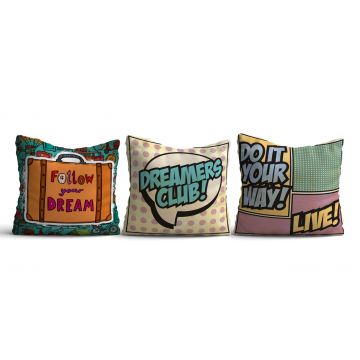 Set 3 perne decorative, HMI-KIR-96, 50% bumbac / 50% poliester, Multicolor