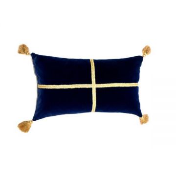 Perna decorativa dreptunghi bleumarin inchis din catifea si auriu 50 cm x 30 cm Zalnok