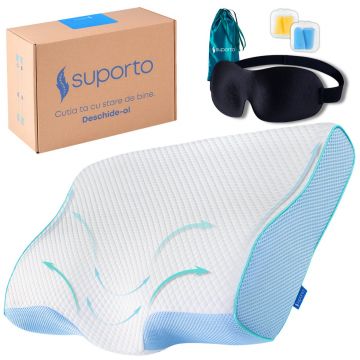 Set Perna Cervicala Anatomica si Ortopedica Albastra + Masca de dormit Suporto 3D cu saculet Verde Smarald, pachet pentru ochi obositi si un somn confortabil.