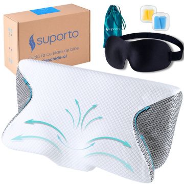 Set Perna Ortopedica Cervicala pentru dormit cu Extensii Negre + Masca de dormit Suporto 3D cu saculet Verde Smarald, pachet pentru ochi obositi si un somn odihnitor.